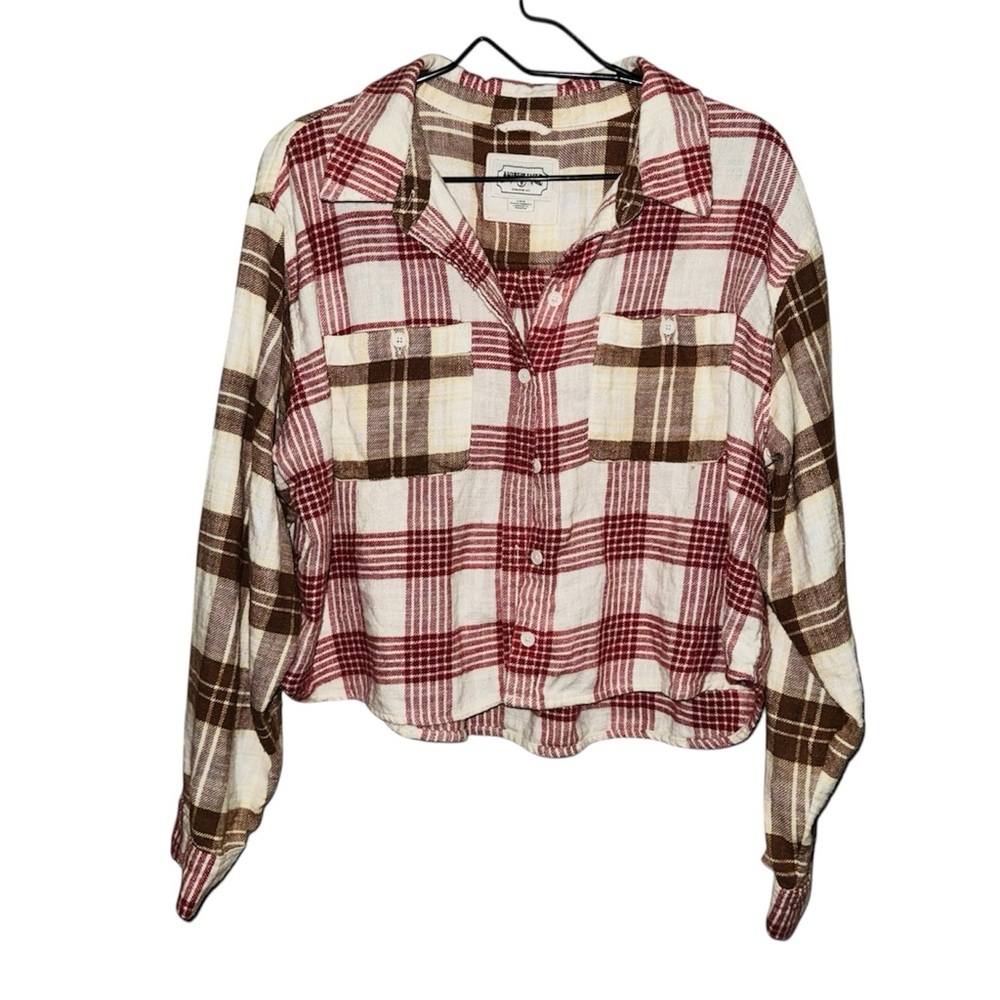 American Eagle Cropped Plaid Button-Up Shirt